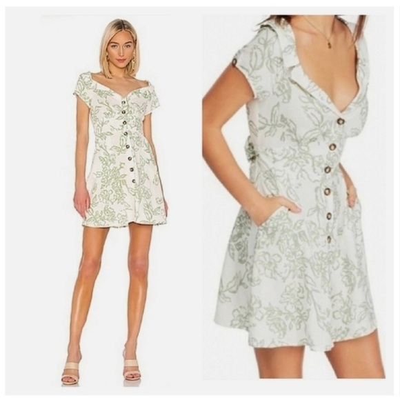Free people a thing called love green and white linen floral button down dress - Picture 1 of 14